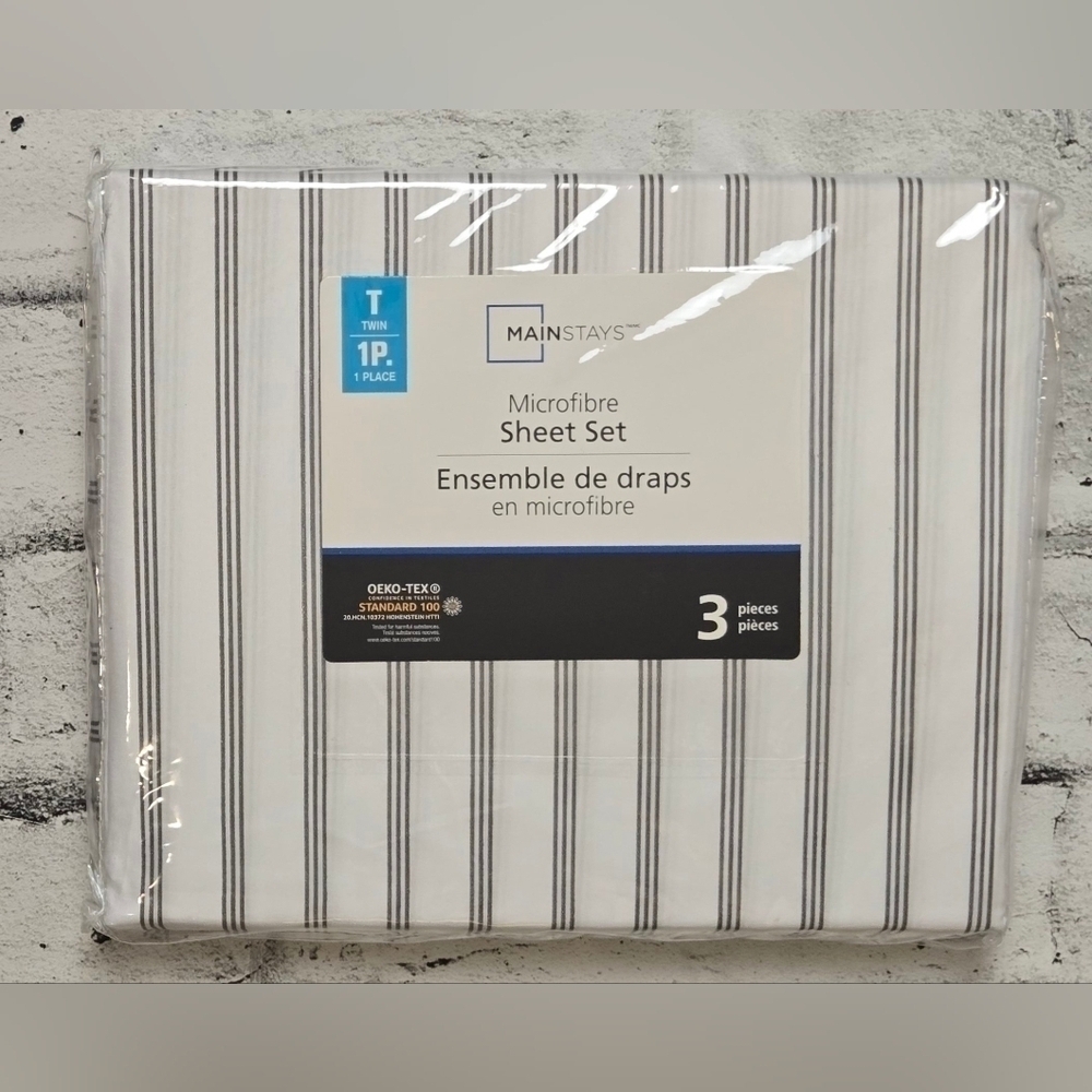 Mainstays Microfiber Grey & White Striped Twin Sheet Set NWT Bedding
